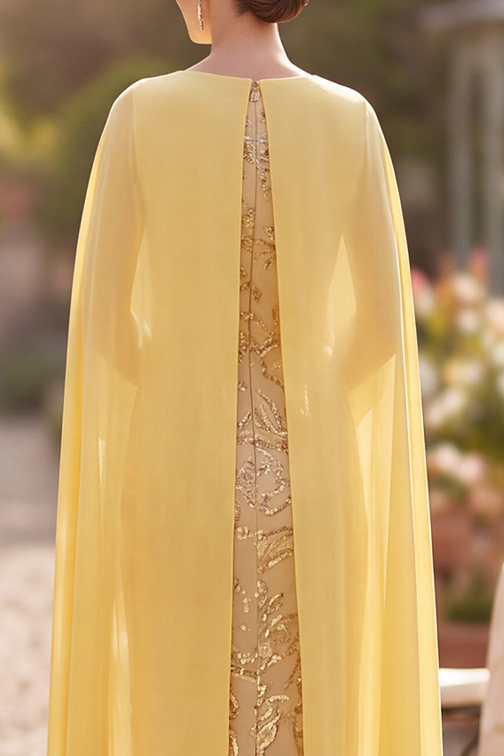 Sparkly Yellow Bodycon Sequins Floral Midi Mother of the Bride Dress with Cape