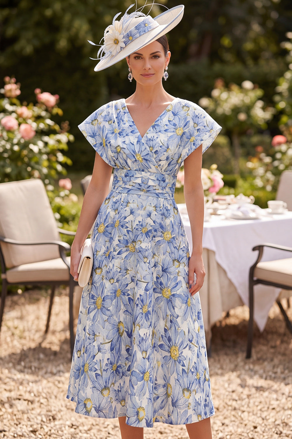 Blue A-Line V-Neck Floral Ruched Midi Mother of the Bride Dress