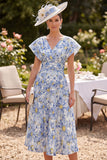 Blue A-Line V-Neck Floral Ruched Midi Mother of the Bride Dress