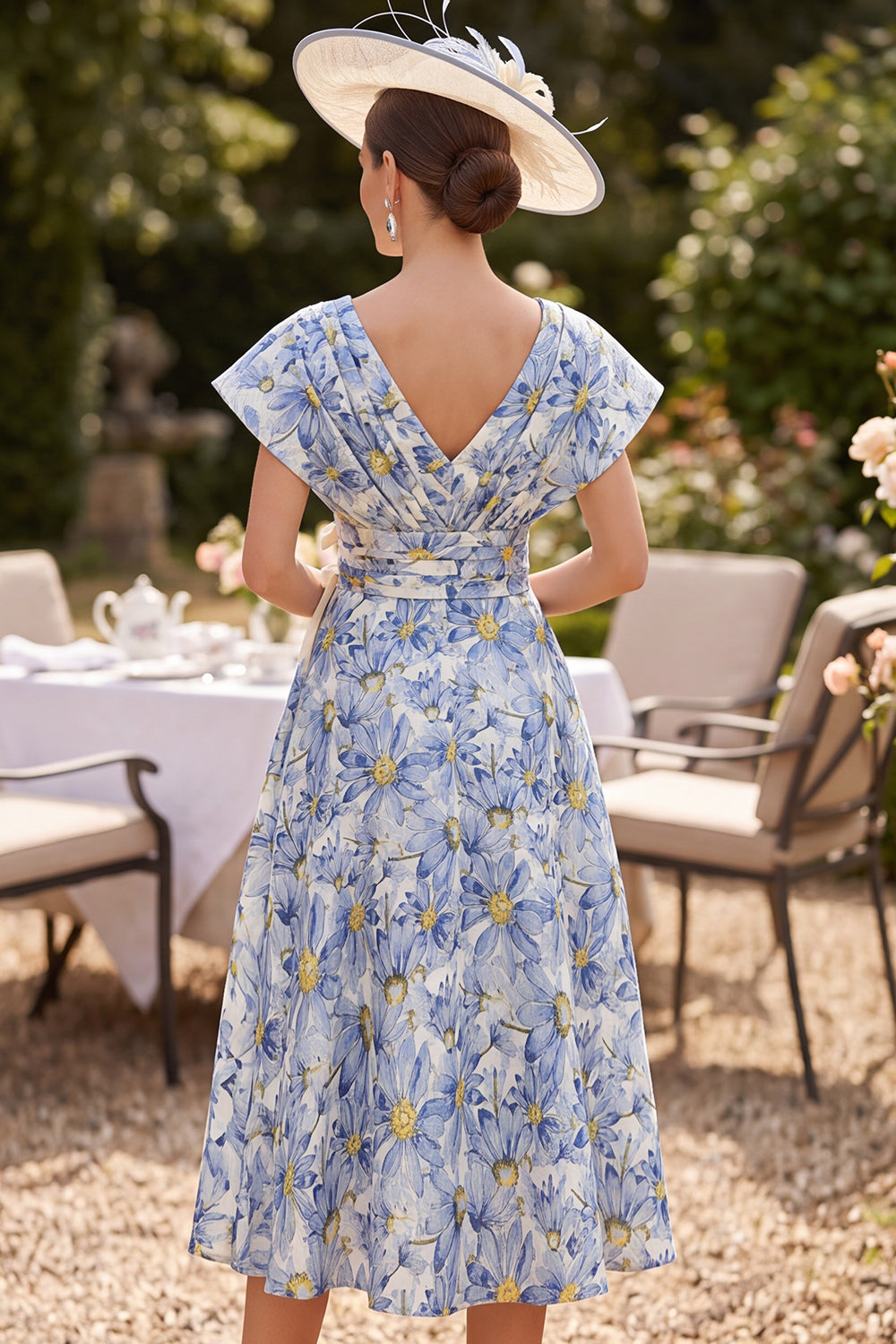 Blue A-Line V-Neck Floral Ruched Midi Mother of the Bride Dress