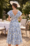 Blue A-Line V-Neck Floral Ruched Midi Mother of the Bride Dress