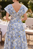 Blue A-Line V-Neck Floral Ruched Midi Mother of the Bride Dress