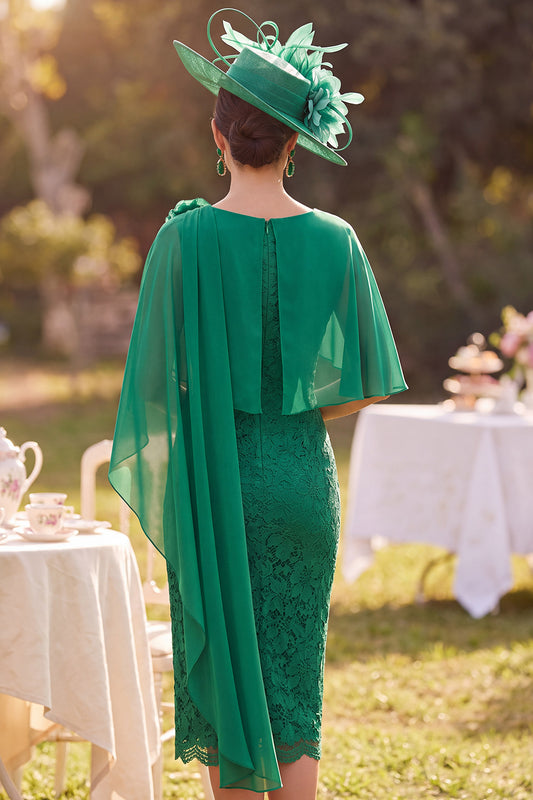 Dark Green Bodycon Boat Neck Floral Lace Midi Mother of the Bride Dress with Cape