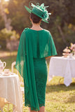 Dark Green Bodycon Boat Neck Floral Lace Midi Mother of the Bride Dress with Cape