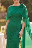 Dark Green Bodycon Boat Neck Floral Lace Midi Mother of the Bride Dress with Cape
