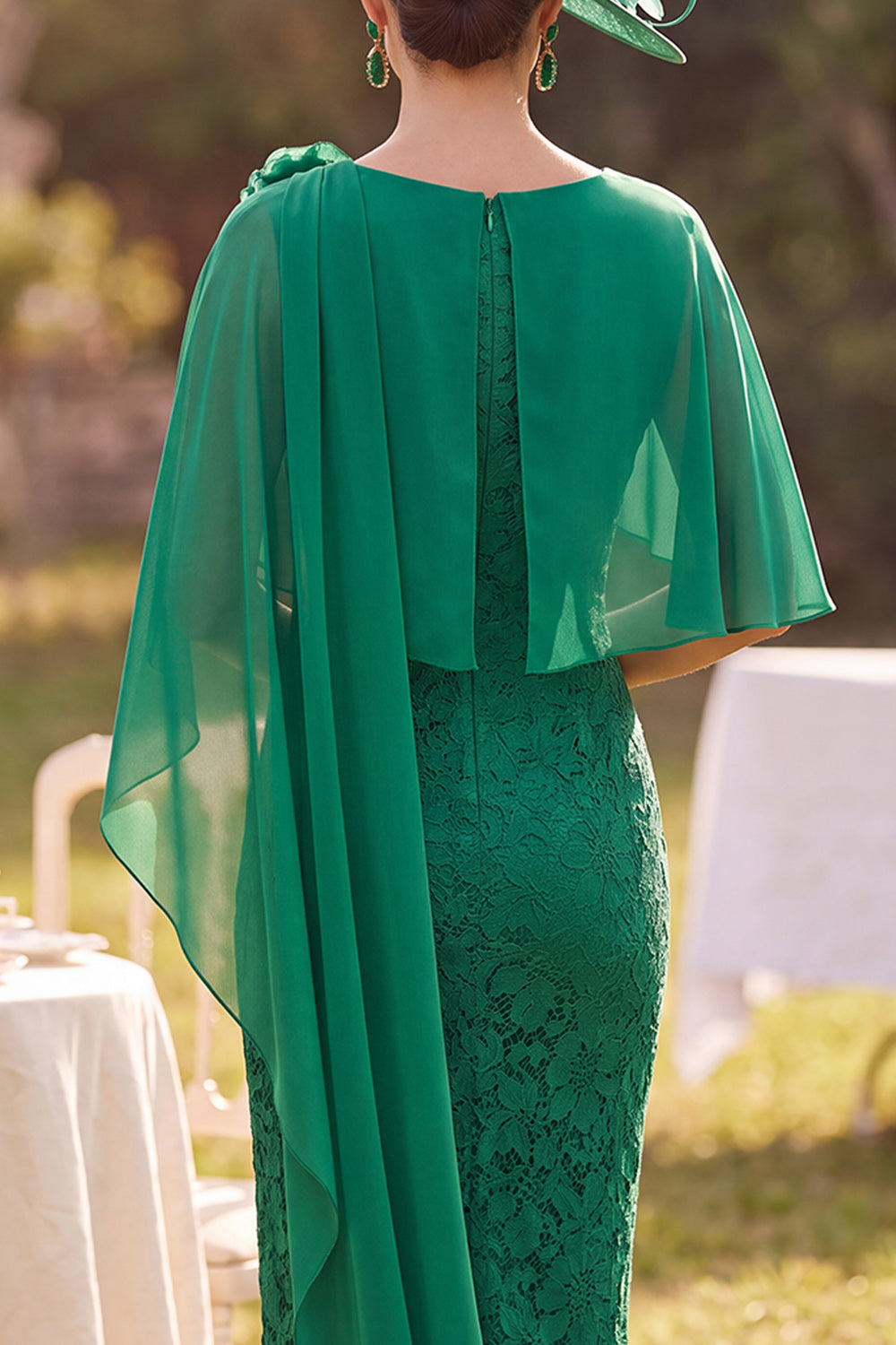 Dark Green Bodycon Boat Neck Floral Lace Midi Mother of the Bride Dress with Cape
