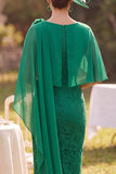 Dark Green Bodycon Boat Neck Floral Lace Midi Mother of the Bride Dress with Cape