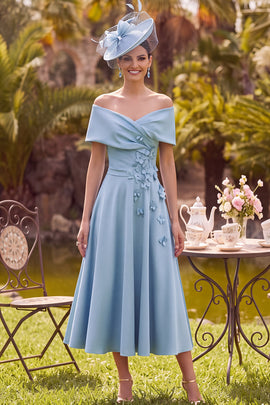 Blue A-Line Off the Shoulder Ruched Floral Satin Midi Mother of the Bride Dress