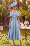 Blue A-Line Off the Shoulder Ruched Floral Satin Midi Mother of the Bride Dress