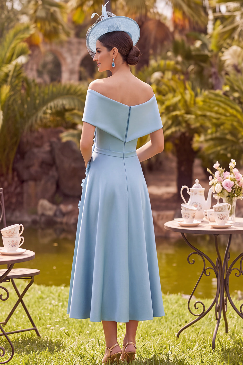 Blue A-Line Off the Shoulder Ruched Floral Satin Midi Mother of the Bride Dress
