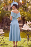 Blue A-Line Off the Shoulder Ruched Floral Satin Midi Mother of the Bride Dress