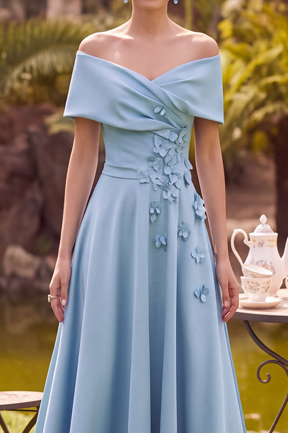 Blue A-Line Off the Shoulder Ruched Floral Satin Midi Mother of the Bride Dress