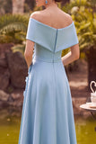 Blue A-Line Off the Shoulder Ruched Floral Satin Midi Mother of the Bride Dress