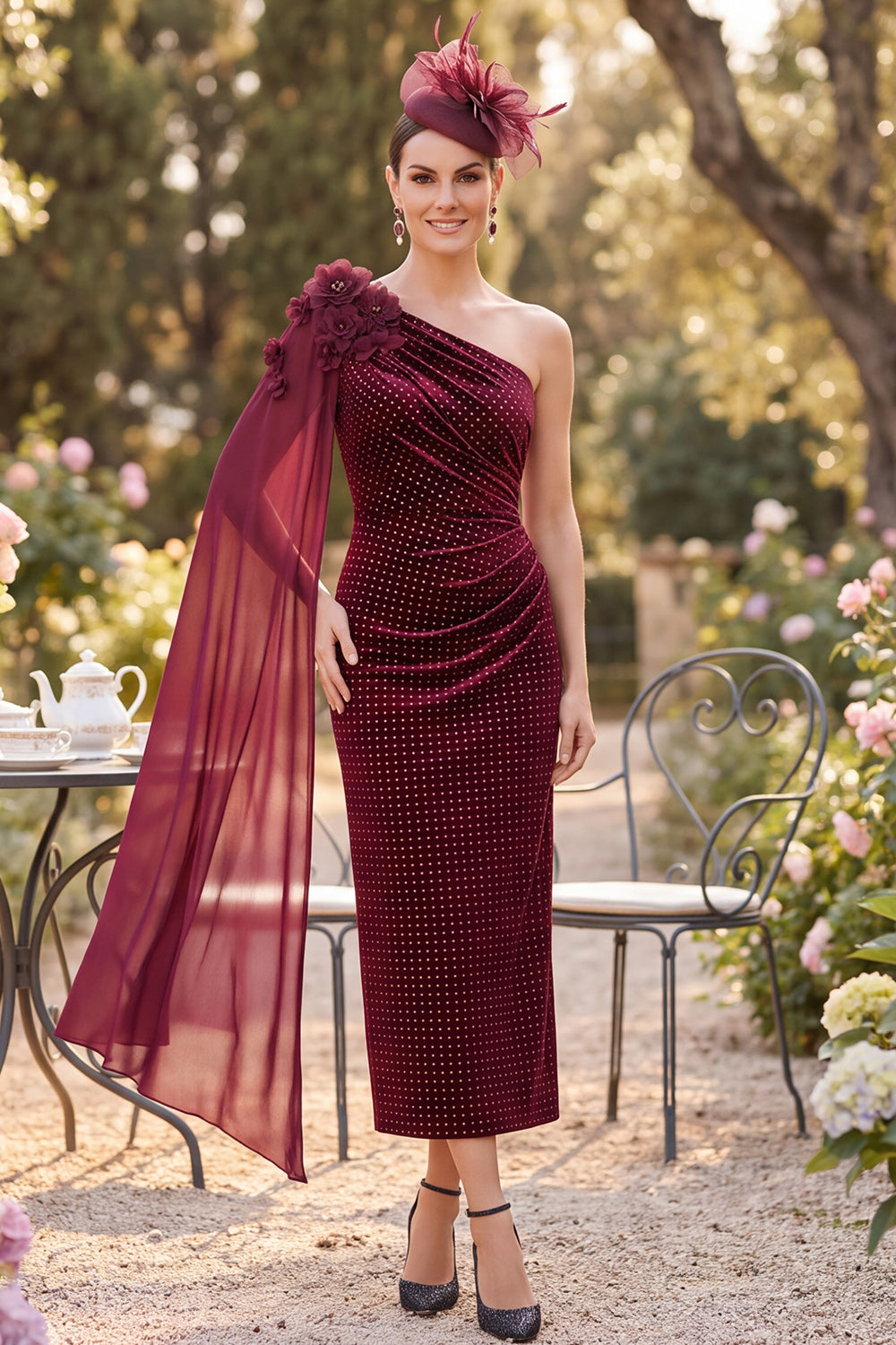 Burgundy Plaid Bodycon Ruched Floral Midi Velvet Mother of the Bride Dress with Slit
