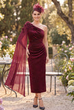 Burgundy Plaid Bodycon Ruched Floral Midi Velvet Mother of the Bride Dress with Slit