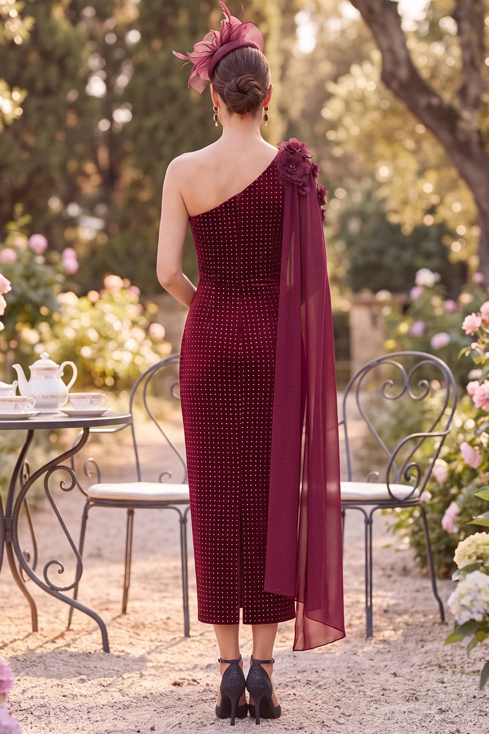 Burgundy Plaid Bodycon Ruched Floral Midi Velvet Mother of the Bride Dress with Slit