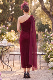Burgundy Plaid Bodycon Ruched Floral Midi Velvet Mother of the Bride Dress with Slit