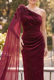 Burgundy Plaid Bodycon Ruched Floral Midi Velvet Mother of the Bride Dress with Slit