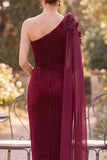 Burgundy Plaid Bodycon Ruched Floral Midi Velvet Mother of the Bride Dress with Slit