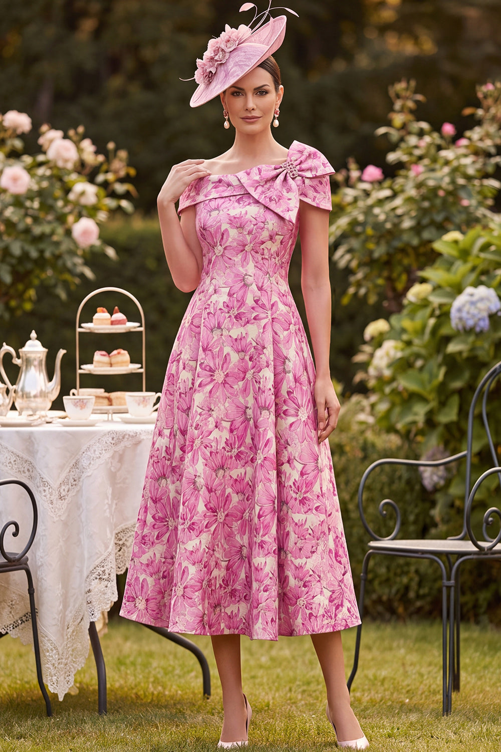 Pink A-Line Floral Beaded Midi Mother of the Bride Dress with Bow