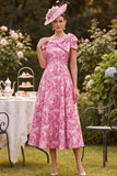 Pink A-Line Floral Beaded Midi Mother of the Bride Dress with Bow