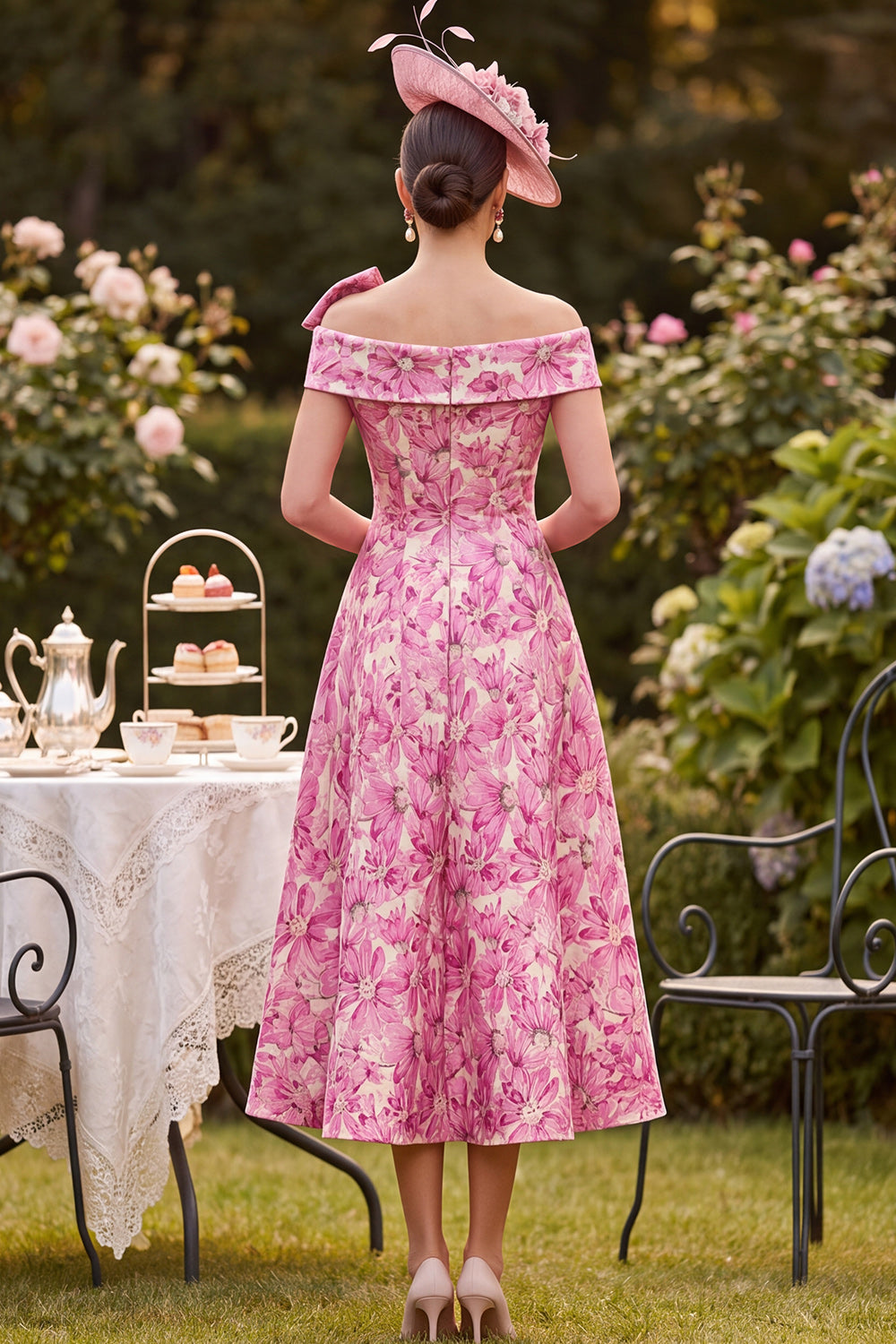Pink A-Line Floral Beaded Midi Mother of the Bride Dress with Bow