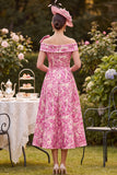 Pink A-Line Floral Beaded Midi Mother of the Bride Dress with Bow