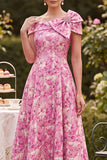 Pink A-Line Floral Beaded Midi Mother of the Bride Dress with Bow
