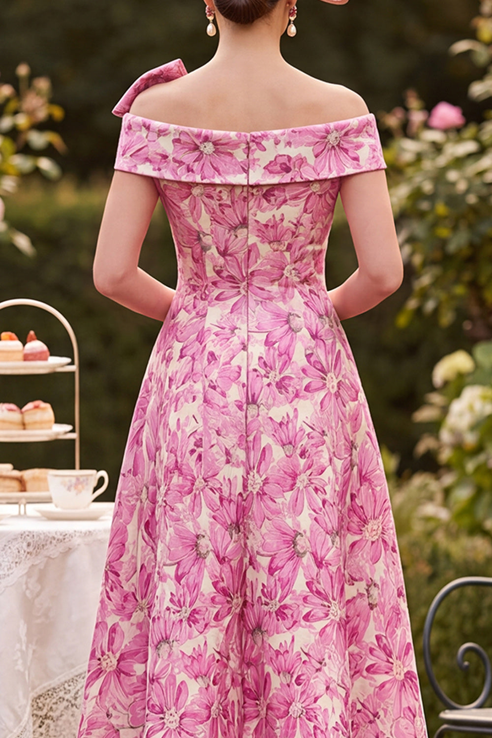 Pink A-Line Floral Beaded Midi Mother of the Bride Dress with Bow