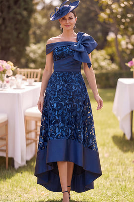 Navy A-Line Floral Ruched High-Low Mother of the Bride Dress with Bow