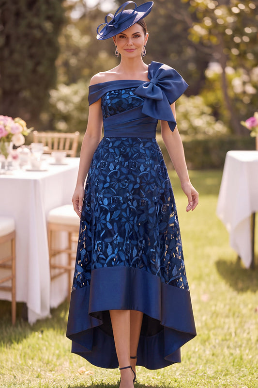 Navy A-Line Lace Floral Ruched High-Low Mother of the Bride Dress with Bow