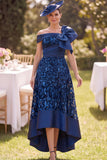 Navy A-Line Floral Ruched High-Low Mother of the Bride Dress with Bow