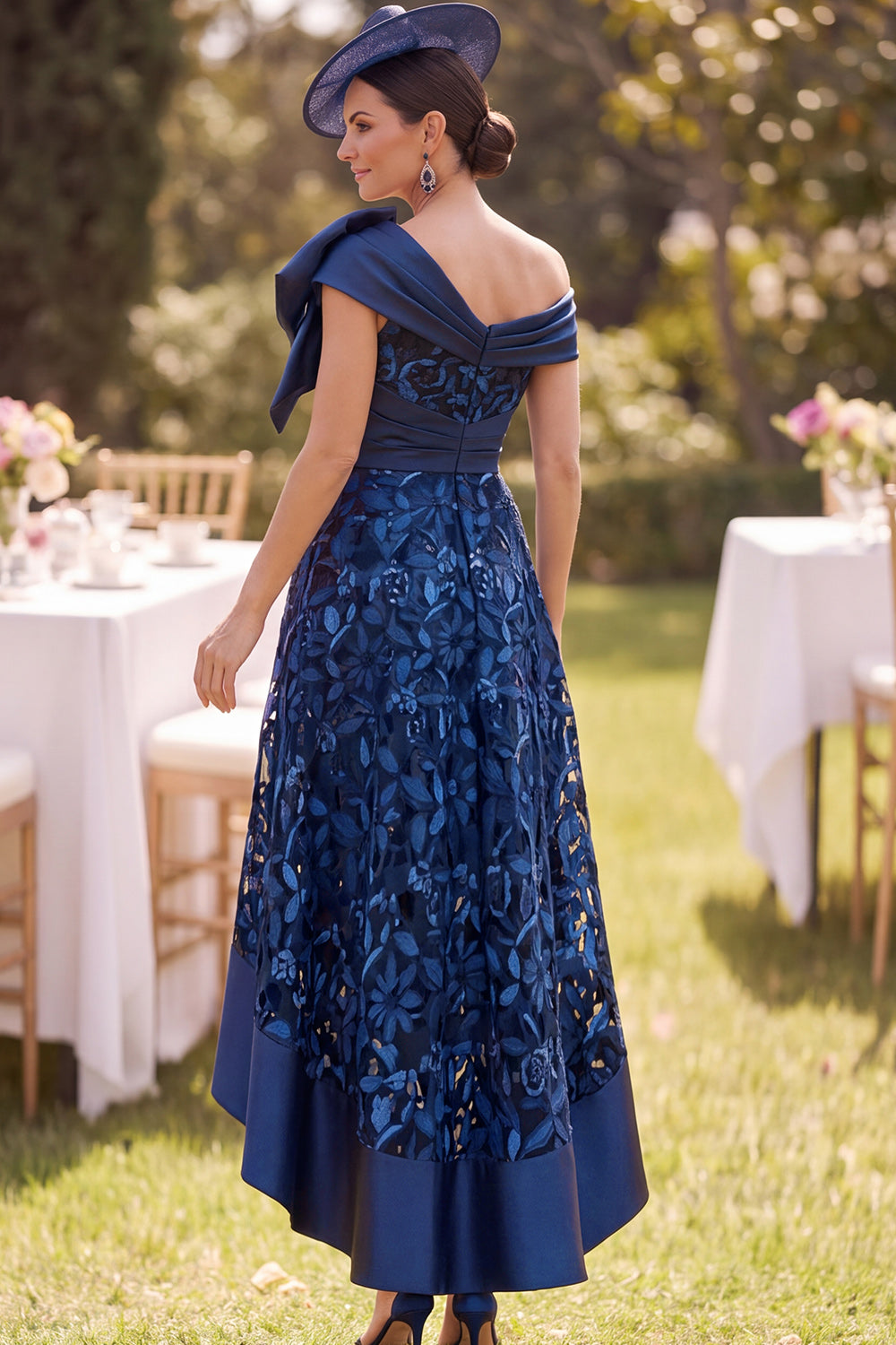 Navy A-Line Floral Ruched High-Low Mother of the Bride Dress with Bow