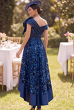 Navy A-Line Floral Ruched High-Low Mother of the Bride Dress with Bow