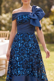 Navy A-Line Floral Ruched High-Low Mother of the Bride Dress with Bow