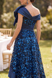 Navy A-Line Floral Ruched High-Low Mother of the Bride Dress with Bow