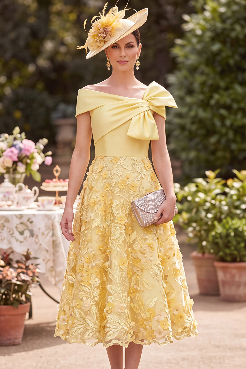 Yellow A-Line Ruched Floral Beaded Satin Midi Mother of the Bride Dress with Bow