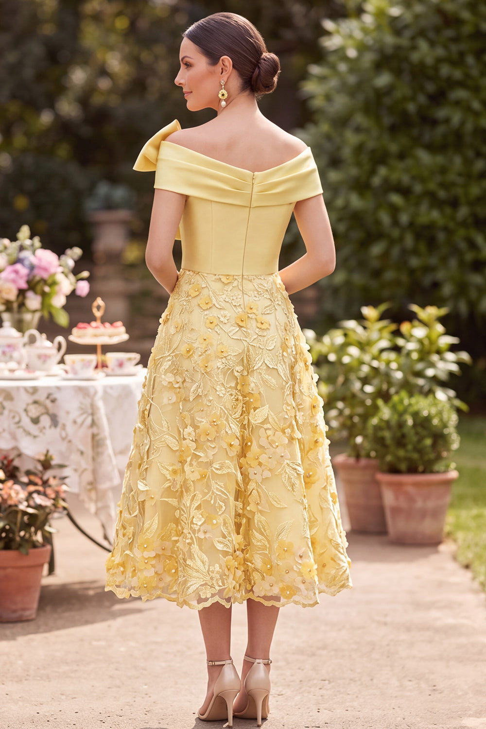 Yellow A-Line Ruched Floral Beaded Satin Midi Mother of the Bride Dress with Bow