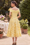 Yellow A-Line Ruched Floral Beaded Satin Midi Mother of the Bride Dress with Bow