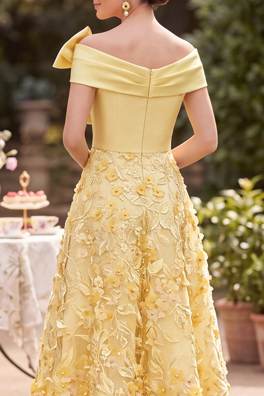 Yellow A-Line Ruched Floral Beaded Satin Midi Mother of the Bride Dress with Bow
