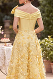 Yellow A-Line Ruched Floral Beaded Satin Midi Mother of the Bride Dress with Bow
