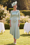 Green Satin Floral A-Line Ruched Midi Mother of the Bride Dress