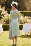 Green Satin Floral A-Line Ruched Midi Mother of the Bride Dress