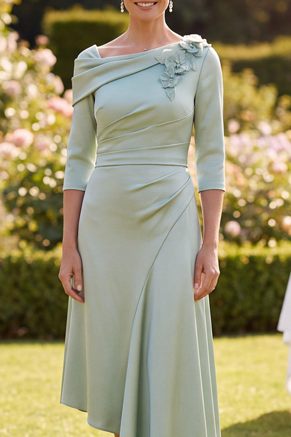Green Satin Floral A-Line Ruched Midi Mother of the Bride Dress