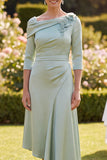 Green Satin Floral A-Line Ruched Midi Mother of the Bride Dress