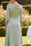 Green Satin Floral A-Line Ruched Midi Mother of the Bride Dress