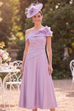 Lilac A-Line One Shoulder Ruched Floral Midi Satin Mother of the Bride Dress