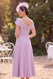 Lilac A-Line One Shoulder Ruched Floral Midi Satin Mother of the Bride Dress