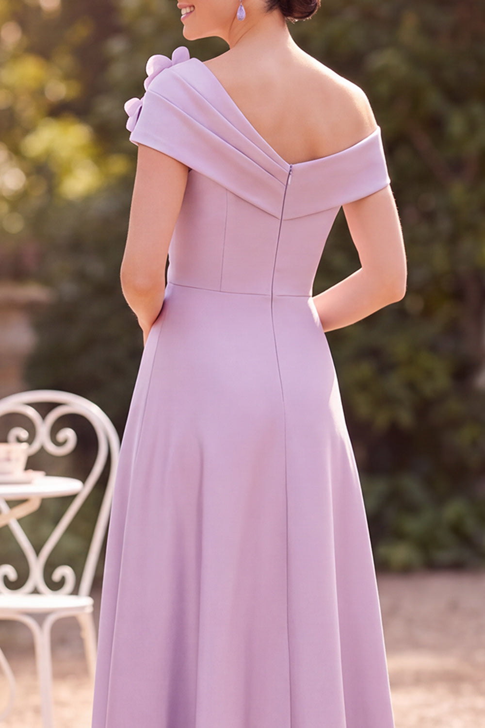 Lilac A-Line One Shoulder Ruched Floral Midi Satin Mother of the Bride Dress