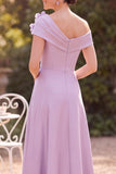 Lilac A-Line One Shoulder Ruched Floral Midi Satin Mother of the Bride Dress